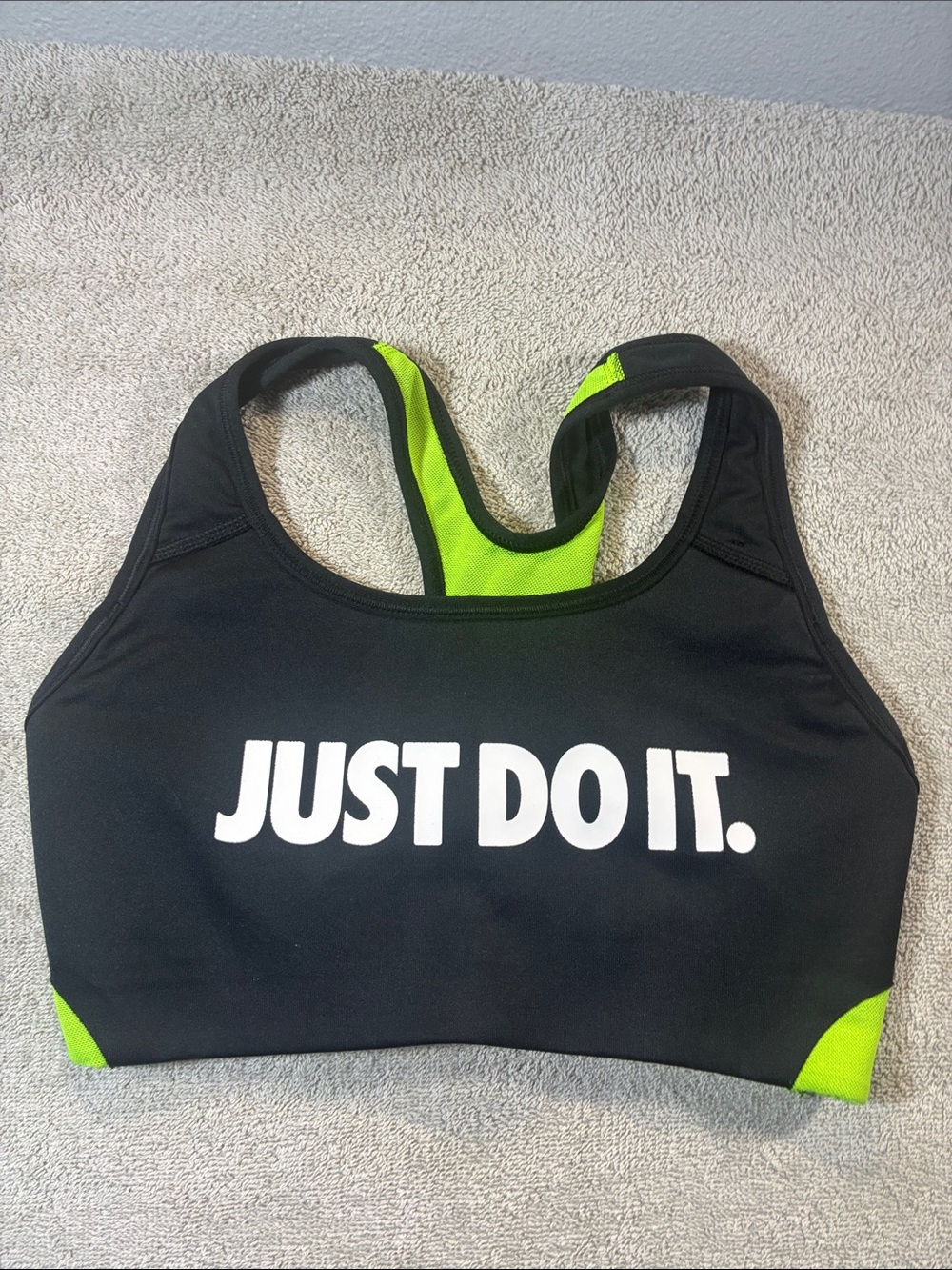 Nike Black Sports Bra with Neon Green Accents & 'Just Do It' Logo